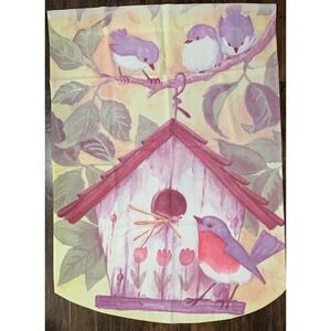 Large Outdoor Flag Birds Birdhouse Tulips Spring Double Sided 28.75" x 40" Vtg